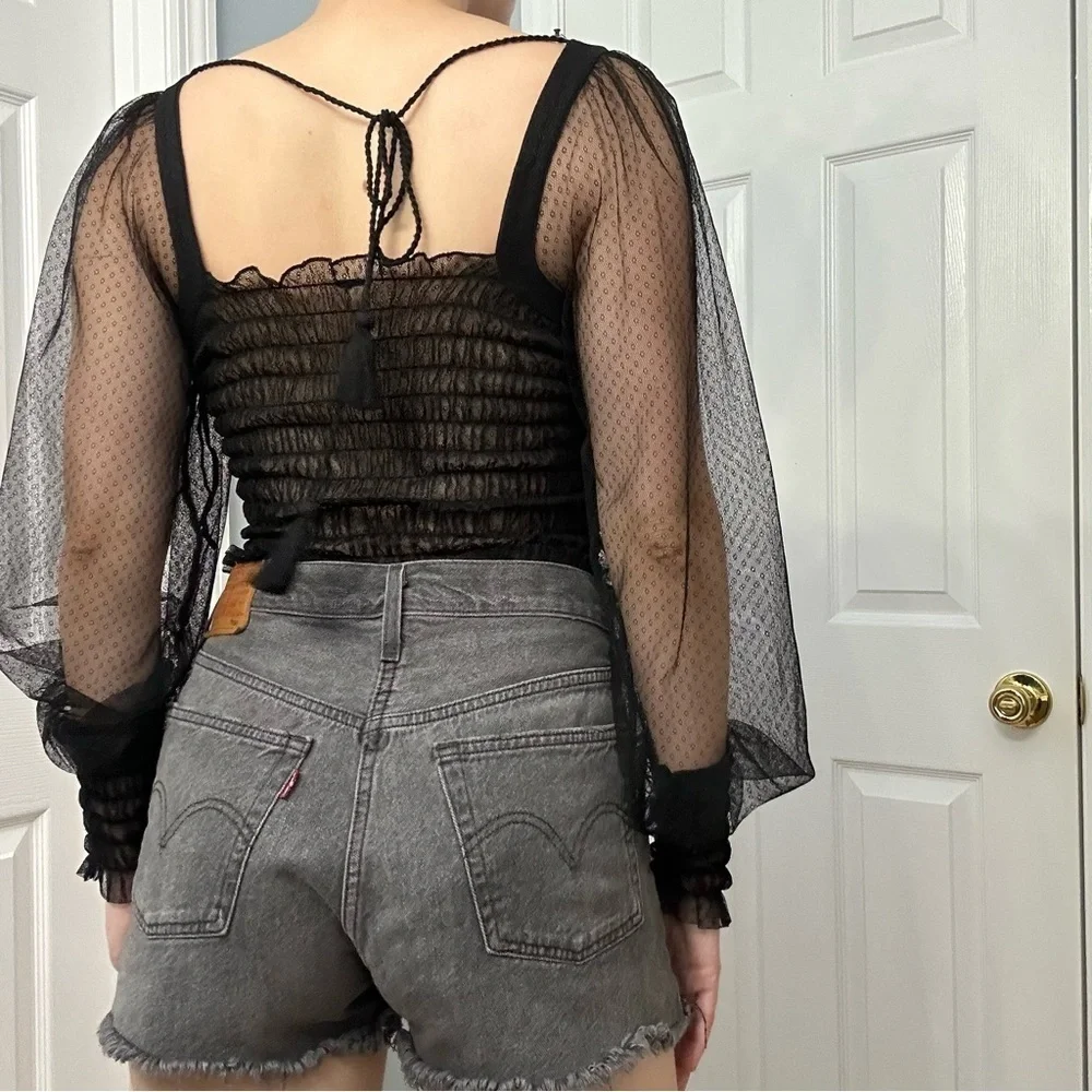 Free People Blouse Sheer Mesh Black Puff Sleeve Statement Sexy Size Extra Small